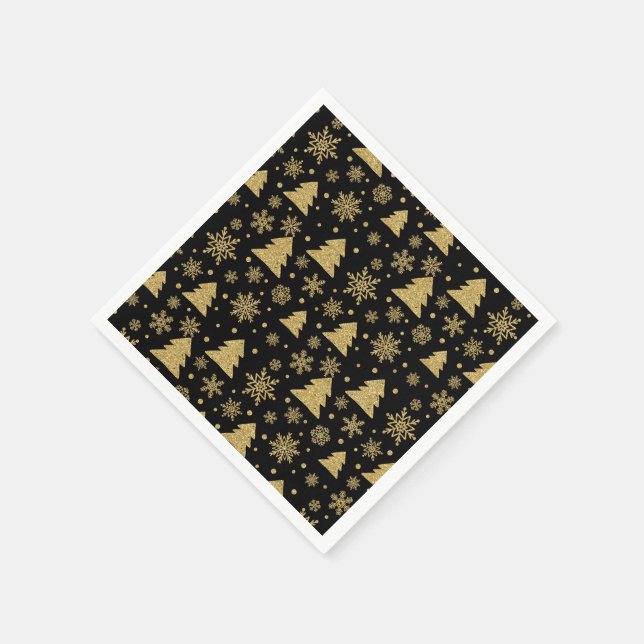 Monogram Black Golden Christmas Tree Snowflakes Napkins (Corner)