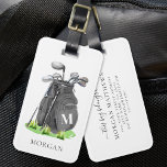 Monogram Black Golf Bag Luggage Tag<br><div class="desc">This elegant monogram golf bag or luggage tag features a dark gray, almost black golf bag with a crisp white serif initial on the front, creating a bold and classic contrast. The bag is filled with clubs and sits on a small patch of green grass, adding a subtle sporty touch....</div>