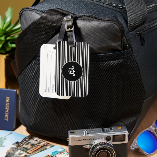 Monogram Black, Gray And White Stripe  Luggage Tag (Front & Back)