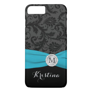 Monogram Black, Gray, Blue Damask iPhone 7 Case