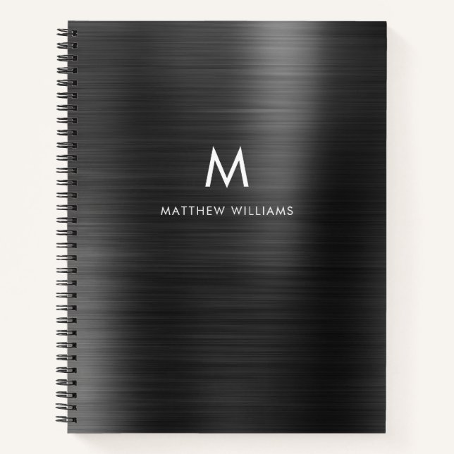 Monogram Black Gray Faux Metal Steel Styled Custom Notebook (Front)