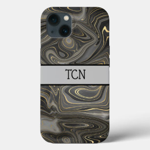 Monogram Black Gray Gold Marble Agate Strata iPhone 13 Case