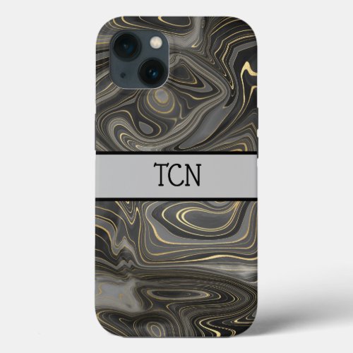 Monogram Black Gray Gold Marble Agate Strata iPhone 13 Case