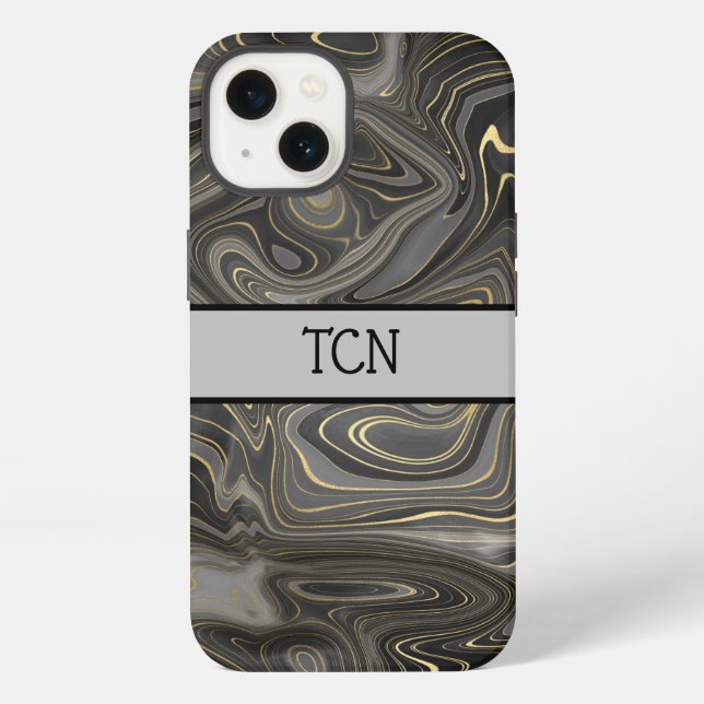 Monogram Black Gray Gold Marble Agate Strata Iphone Case (Back)
