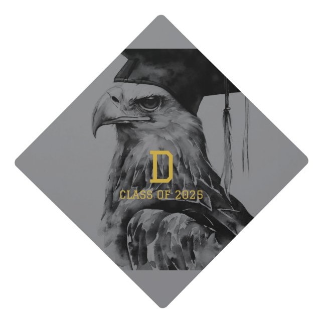Monogram Black Gray Graduation Cap Topper | Eagle (Front)