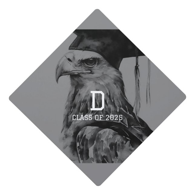 Monogram Black Gray Graduation Cap Topper | Eagle (Front)