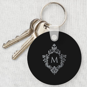 Monogram Black Gray Initial Vintage Elegant Crest  Keychain