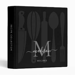 Monogram Black Gray Kitchen Utensils Cookbook 3 Ring Binder