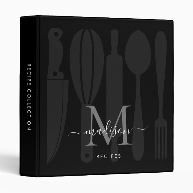 Monogram Black Gray Kitchen Utensils Cookbook 3 Ring Binder (Front/Spine)