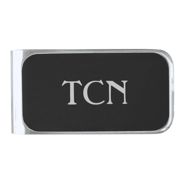 Monogram Black Gray Minimalist Gift for him Silver Finish Money Clip (Front)