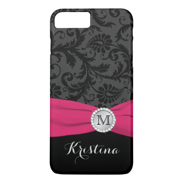 Monogram Black, Gray, Pink Damask iPhone 7 Case (Back)