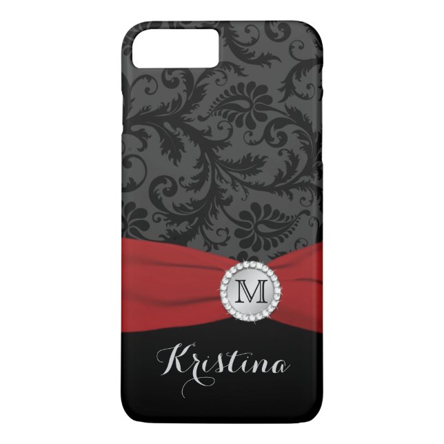 Monogram Black, Gray, Red Damask iPhone 7 Case (Back)