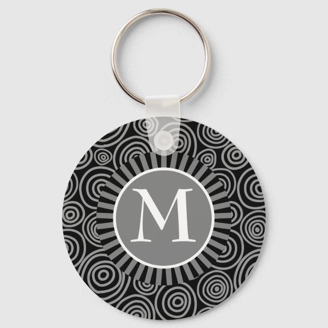 Monogram Black Gray Spirals - Mens Personalized Keychain (Front)