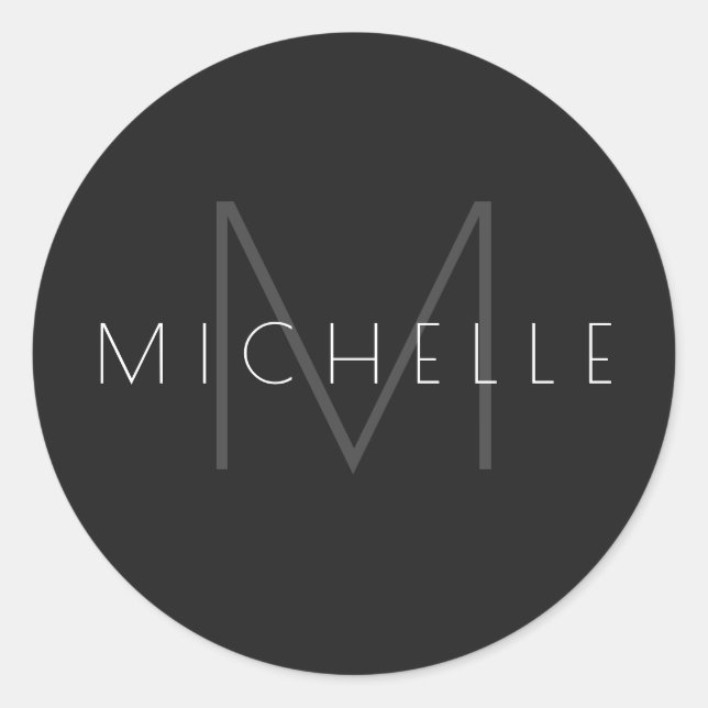Monogram Black Gray White Modern Stylish Name Classic Round Sticker (Front)
