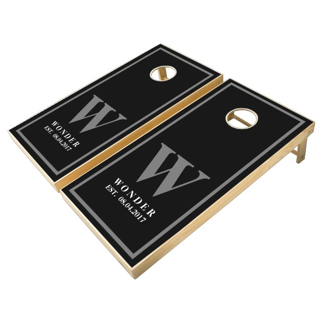 Monogram black gray white Wedding Newly Wed Cornhole Set (Angled)