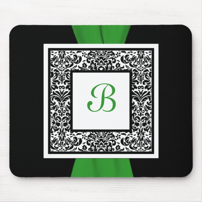 Monogram Black, Green, and White Damask Mousepad (Front)