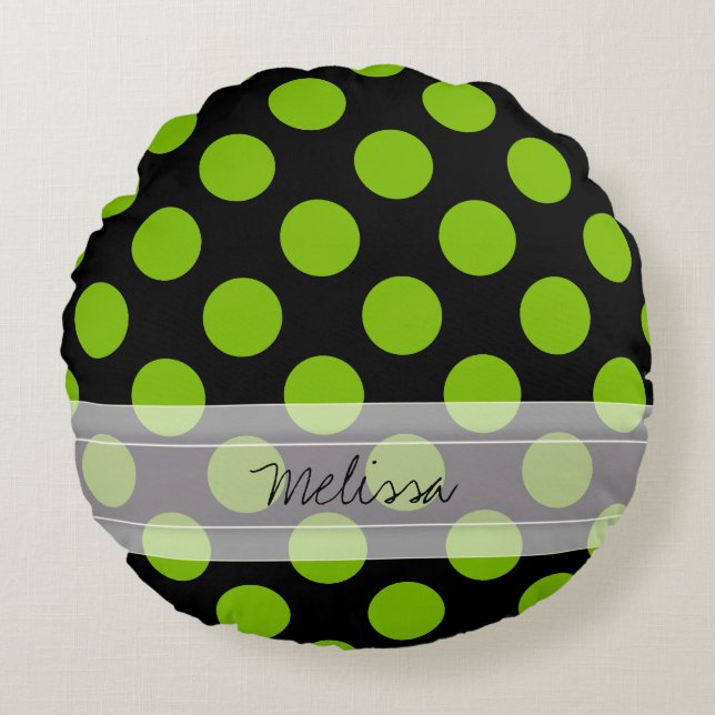 Monogram Black Green Chic Polka Dot Pattern Round Pillow (Front)