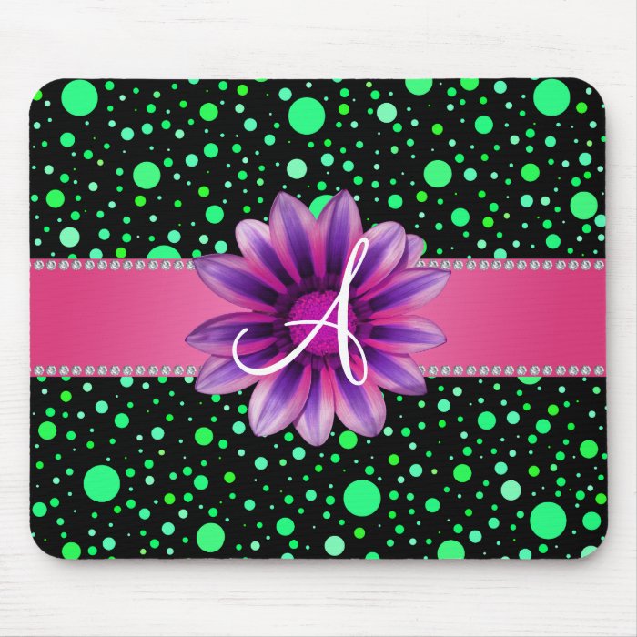 Monogram black green polka dots pink daisy mouse pad