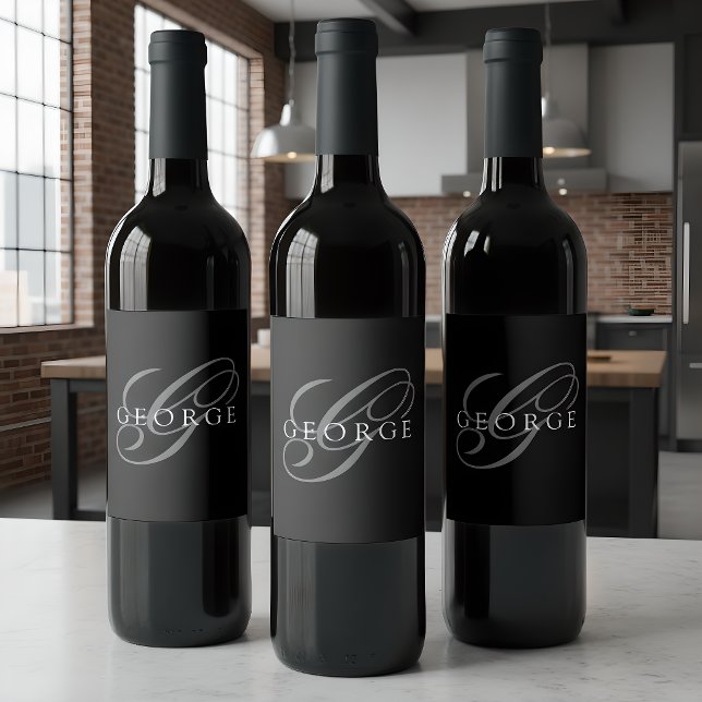 Monogram Black Grey Initial Script Name Wine Label (Creator Uploaded)