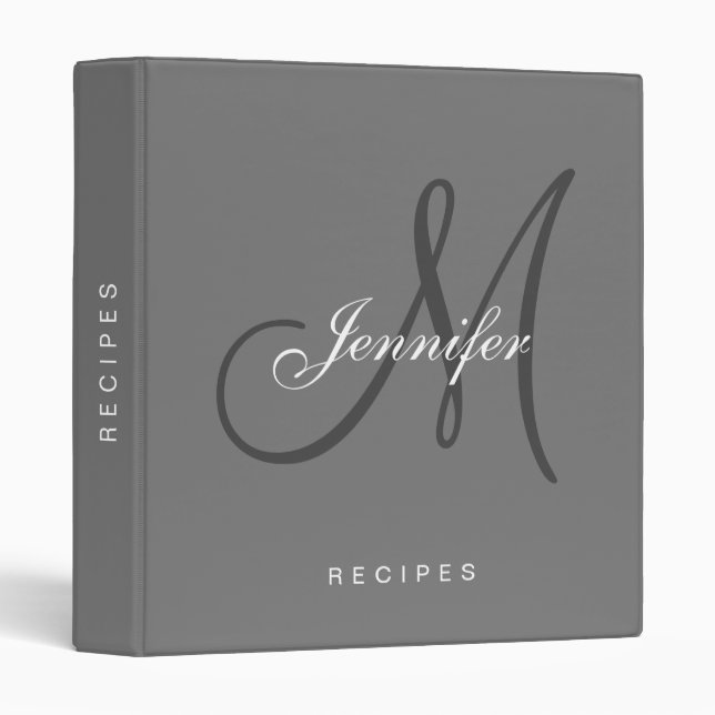 Monogram Black Grey Script Elegant Name Recipe 3 Ring Binder (Front/Spine)