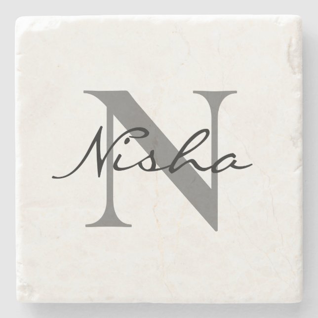 Monogram Black Grey Script Name Initial Stone Coaster (Front)