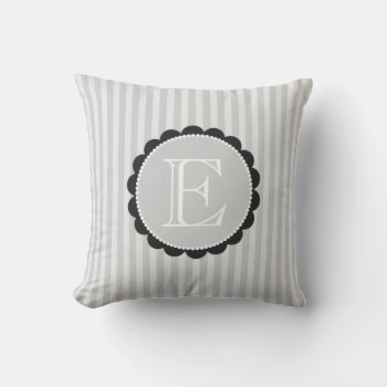 Monogram Black Grey White Scalloped Stripes Throw Pillow by VintageDesignsShop at Zazzle