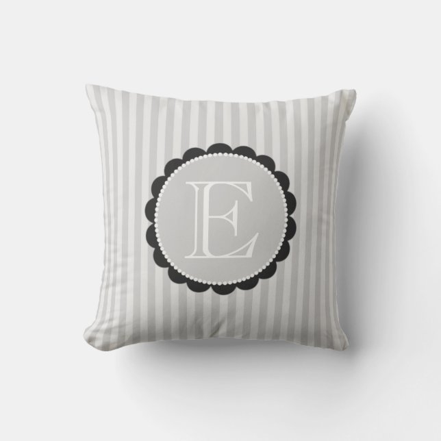 Monogram Black Grey White Scalloped Stripes Throw Pillow (Front)