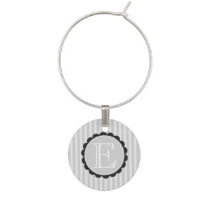Monogram Black Grey White Scalloped Stripes Wine Charm