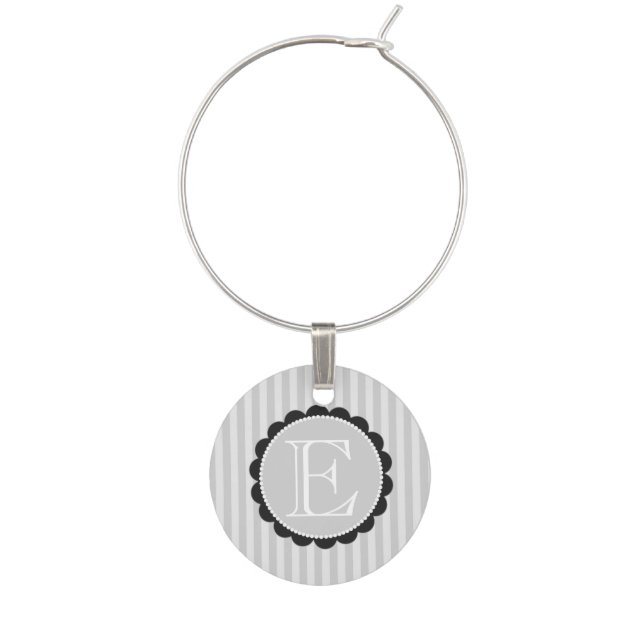 Monogram Black Grey White Scalloped Stripes Wine Charm (Front)
