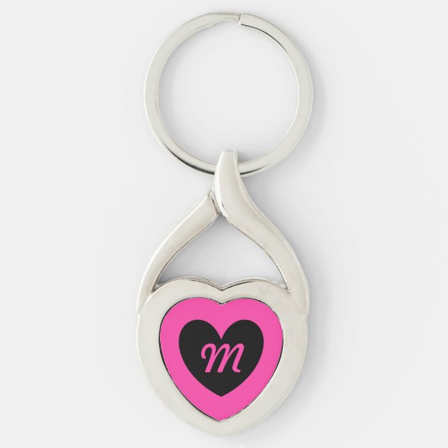 Monogram black heart on fuchsia pink keychain (Front)
