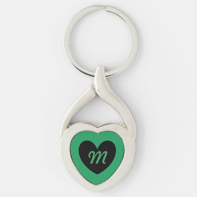 Monogram Black heart on Kelly green Keychain (Front)