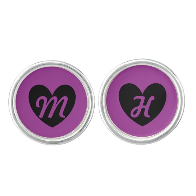 Monogram Black heart on purple Cufflinks (Front)