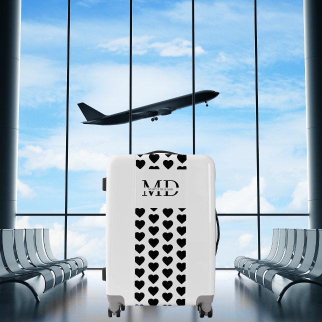 Monogram Black Hearts Pattern Name Luggage (Creator Uploaded)