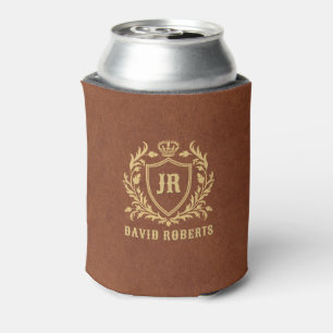 Monogram Black Heraldic Crest Brown Faux Leather Can Cooler