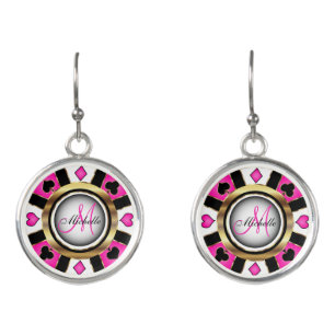 Monogram Black, Hot Pink and Gold Las Vegas Style Earrings