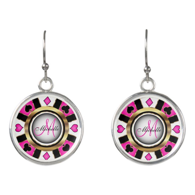 Monogram Black, Hot Pink and Gold Las Vegas Style Earrings (Front)