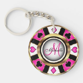 Monogram Black  Hot Pink And Gold Las Vegas Style  Keychain by DesignsbyDonnaSiggy at Zazzle