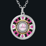 Monogram Black, Hot Pink and Gold Las Vegas Style  Silver Plated Necklace<br><div class="desc">Monogram Necklace. Monogram Black, Hot Pink and Gold Las Vegas Style design ready for you to personalize. ✔Note: Not all template areas need changed. 📌If you need further customization, please click the "Click to Customize further" or "Customize or Edit Design" button and use our design tool to resize, rotate, change...</div>