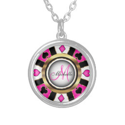 Monogram Black, Hot Pink and Gold Las Vegas Style  Silver Plated Necklace