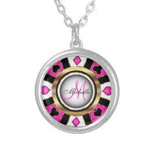 Monogram Black, Hot Pink and Gold Las Vegas Style  Silver Plated Necklace