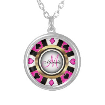 Monogram Black  Hot Pink And Gold Las Vegas Style  Silver Plated Necklace by DesignsbyDonnaSiggy at Zazzle