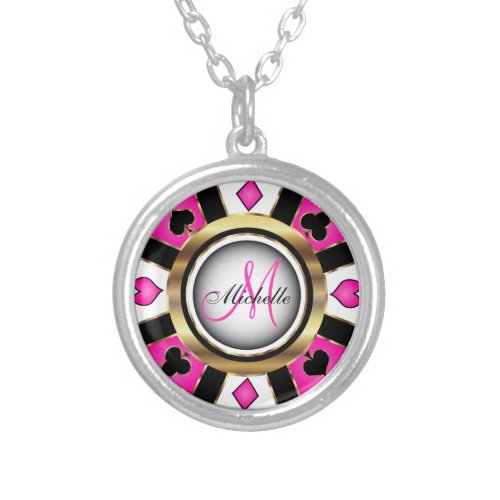 Monogram Black Hot Pink and Gold Las Vegas Style  Silver Plated Necklace