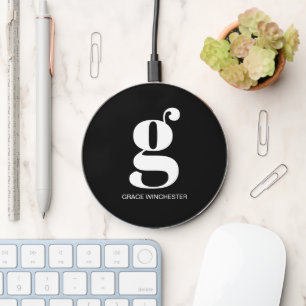 Monogram black initial name modern typography wireless charger 