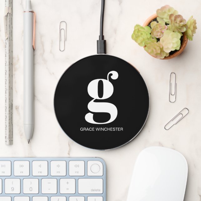 Monogram black initial name modern typography wireless charger  (Desk)