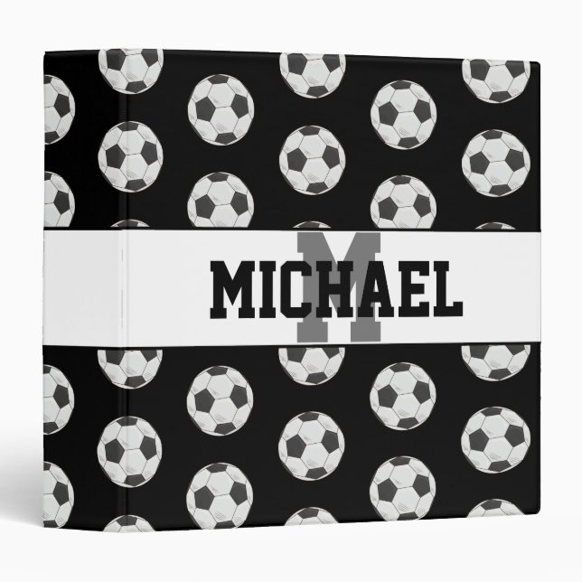 Monogram Black Initial Soccer Ball Pattern 3 Ring Binder (Front/Spine)