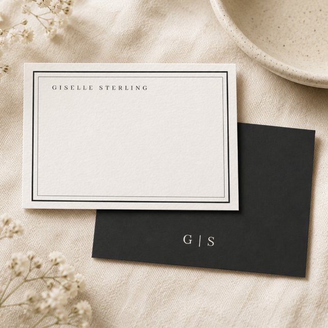 Monogram Black Ivory Double Border Note Card (Creator Uploaded)