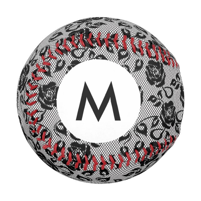 Monogram Black lace pattern on white background Baseball (Front Left)