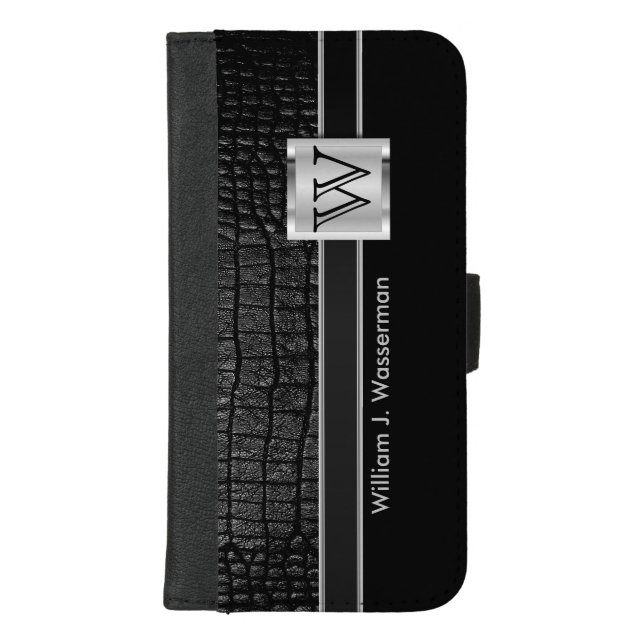 Monogram Black Leather Design iPhone Wallet Case (Front)