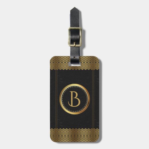 Monogram Black Leather Gold Border Luggage Tag