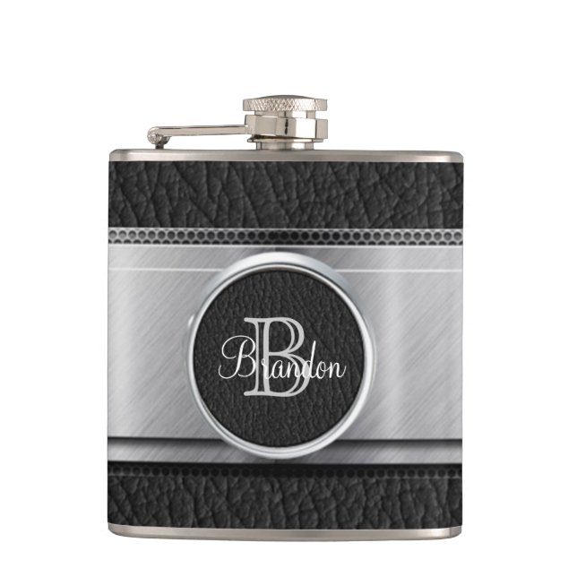 Monogram Black Leather Look Stainless Steel Flask (Front)